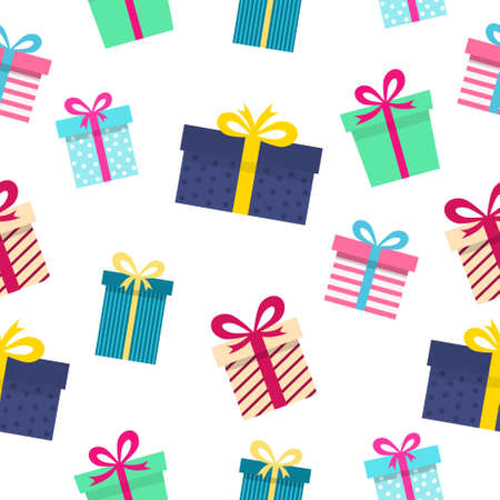 Gift seamless pattern white background. Present boxes icon set. Holiday vector illustration.