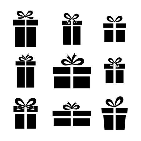 Gift boxes set black icon. Presents silhouette collection. Vector illustration isolated on whiteのイラスト素材