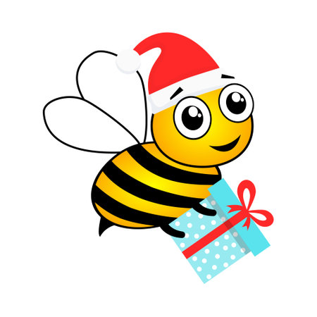 Cartoon bee mascot character holding surprise illustration. Cute bee wear Santa hat and gift box vector isolated on white. Merry Christmas concept.のイラスト素材