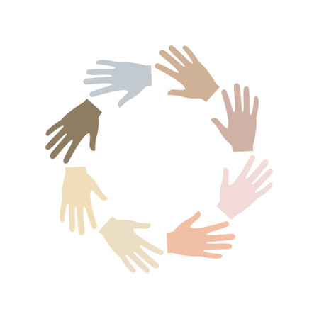 Multicultural friendship symbol. Multiracial hands together in round shape. Global unity concept. Vector illustration isolated on white background.のイラスト素材