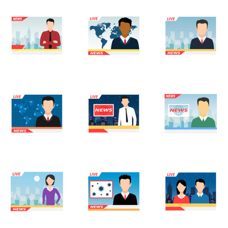 Anchor TV presenters man collection. Online breaking news set concept vector illustration. Flat design of broadcasting on city background.のイラスト素材