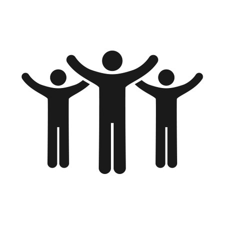 People with raised arms icon. Winners silhouette. Success teamwork concept. Hands up vector illustration. Leadership black symbol. Fans sign. Business people celebrating victory.のイラスト素材