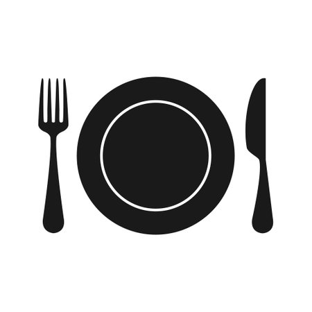 Fork, plate and knife isolated vector illustration. Cooking tools silhouette.のイラスト素材