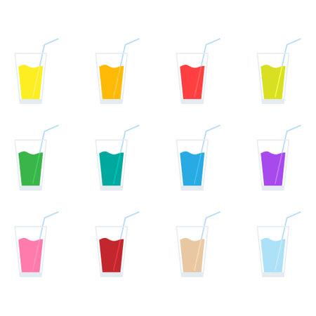 Cocktails collection colored icon. Juice glasses set. Different alcoholic drinks group. Party beach holiday concept. Vector illustration isolated on white.のイラスト素材