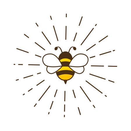 Lovely cute bee with sunburst. Cartoon bee inside rays isolated on a white background. Vector illustration.のイラスト素材