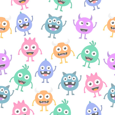 Seamless pattern cartoon cute monsters background. Halloween design vector illustration isolated on white backgroundのイラスト素材
