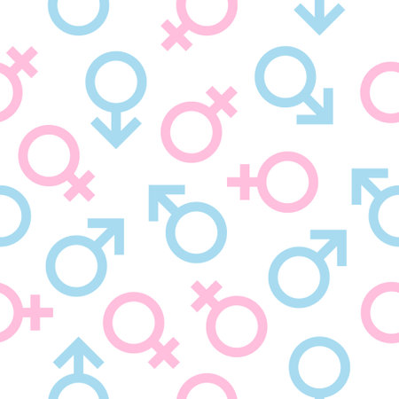 Gender symbol seamless pattern white background. Male and female colored symbols. Vector illustration.のイラスト素材
