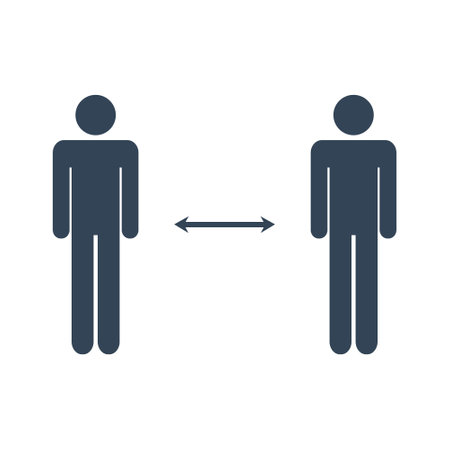 Social distance icon. Black people silhouettes with arrow distance between vector illustration isolated on whiteのイラスト素材