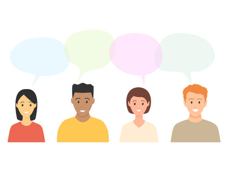 Communication of different people. Young men and women with speech bubbles.のイラスト素材
