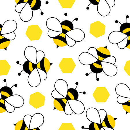 Seamless Pattern with flying bees. Vector Cartoon black and yellow beesのイラスト素材