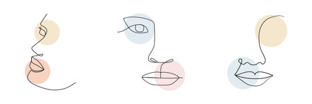 One line woman drawing face set. Minimalism art. Female contour portraits collection. Continuous...