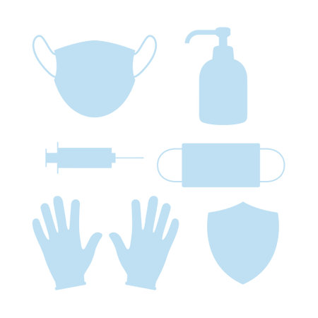 Personal protection equipment icon set. Medical symbol collection. Coronavirus prevention elements. Medical mask, latex gloves, dispenser, shield and syringe silhouettes. Vector medicine illustrationのイラスト素材