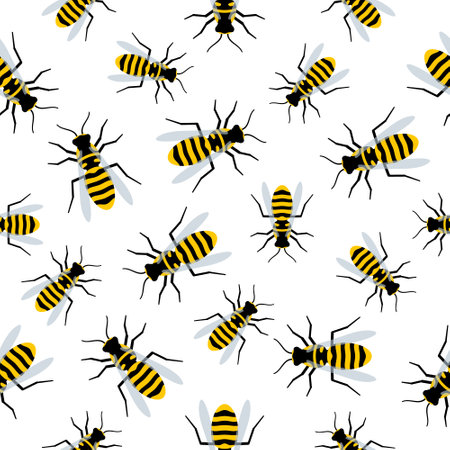 Seamless Pattern with flying wasps. Vector cartoon bees isolated on white background. Cute bees or wasps.のイラスト素材