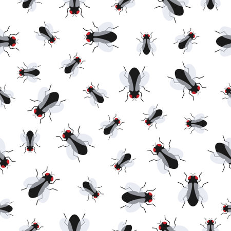 Fly insect flat vector seamless pattern background. Small flies isolated on white.のイラスト素材