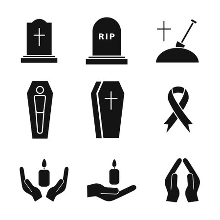 Funeral icon set. Death concept. Religion burial symbol collection. Vector isolated on whiteのイラスト素材