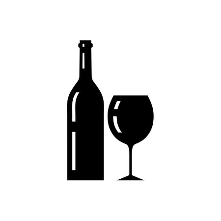 Bottle and glass of wine silhouette. Alcohol drink shape elements. Vector illustration isolated on white backgroundのイラスト素材