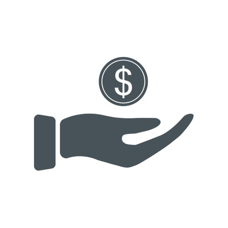 Hand and coin icon. Finance concept. Arm and money black outline. Vector illustration isolated on white.のイラスト素材