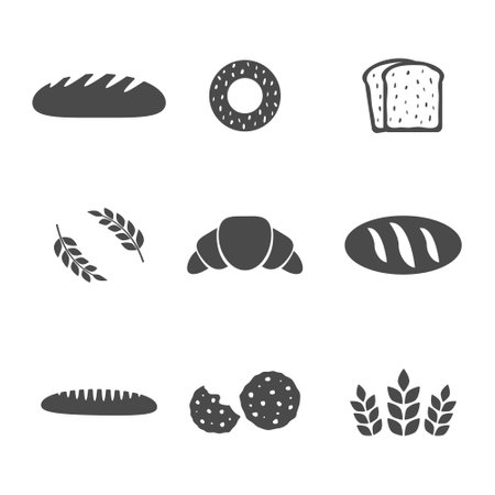 Bread icons set. Bakery products silhouette collection. Vector food illustration isolated on whiteのイラスト素材