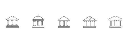 Building with columns outline collection. Bank icon line set. University black symbol group. Vector isolated on whiteのイラスト素材