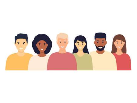 Multicultural smiling people team set. Human communications and relationship concept. Diverse happy business men and women avatar icon. Flat design people characters. Vector isolated on whiteのイラスト素材