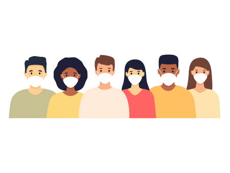 Group of multicultural men and women wearing protective medical masks. Young diverse people standing together. Disease, contaminated air, world pollution, pandemic concept. Vector isolated on whiteのイラスト素材
