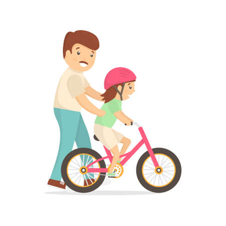 Father teaching daughter to ride bike. Caring dad help his little child riding bicycleのイラスト素材