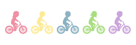 Cute happy children riding bicycles silhouettes. Different kids ride bikes. Healthy lifestyle. Sport...