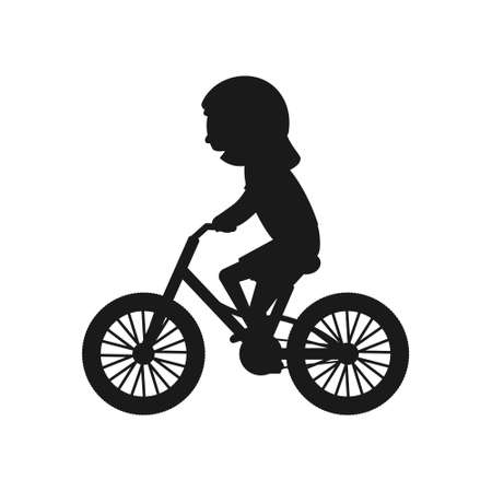 Cute girl riding bike silhouette. Healthy lifestyle in black color concept. Little child rides bicycle. Vector isolated on whiteのイラスト素材