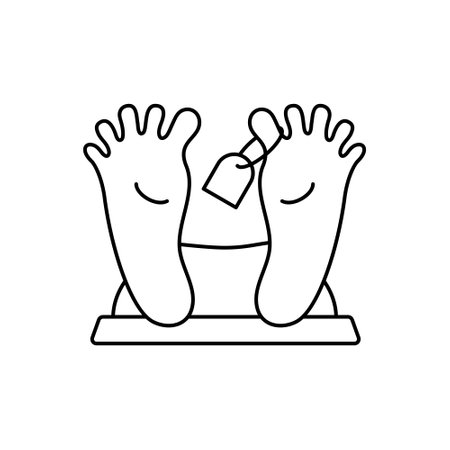 Morgue line icon. Pair people foot with tag. Dead body sign. Linear human footprints. Vector isolated on whiteのイラスト素材