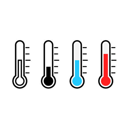 Thermometer icon set. Measurement instrument collection. Weather thermometer with blue, red, black and outline. Devices with different cold and hot temperature. Vector illustration isolated on white.のイラスト素材