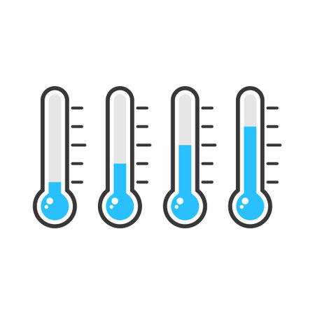 Thermometer icon set. Measurement instrument. Weather thermometer with blue mercury. Medical device...