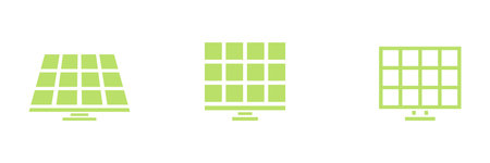 Solar energy icon set. Frontal green solar panel outline collection. Alternative energy power. Vector illustration isolated on white.のイラスト素材