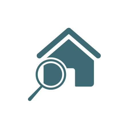 House search icon. Building symbol with magnifying glass. Home and loupe blue sign. Zoom instrument. Magnifier lens pictogram. Vector isolated on whiteのイラスト素材