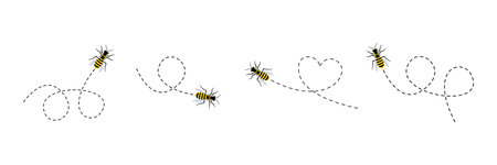 Bee icon set. Bee flying on a dotted route. Vector illustration isolated on the white background.のイラスト素材