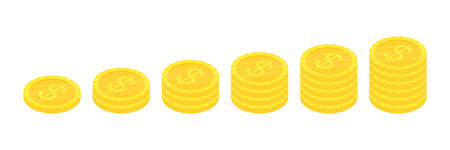 Golden stack coins set. Flat gold isometric icon. Economy, finance, money concept. Wealth symbol. Vector illustration isolated on whiteのイラスト素材