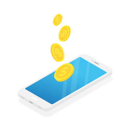 Phone with money. Coins transfer concept. Flat isometric illustration. Exchange electronic money. Digital mobile transaction. Vector isolated on whiteのイラスト素材