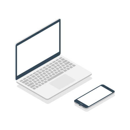 Laptop and smartphone in isometric style. Portable 3d devices. Digital technology concept. Open modern laptop with mobile phone. Vector isolated on whiteのイラスト素材