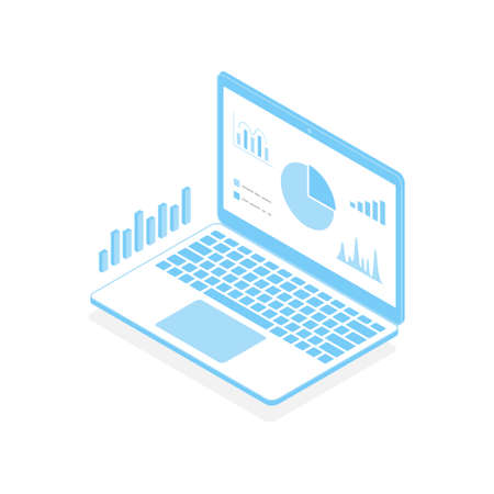 Isometric laptop and analysis infographic. Open modern laptop with big data. Portable 3d computer device. Digital technology blue color concept. Finance, investment statistics info. Vector isolated.のイラスト素材