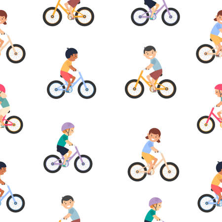 Seamless child pattern. Cute happy children riding bicycles. Different kids ride bikes. Healthy lifestyle. Sport vehicles competition concept. Vector illustration isolated on whiteのイラスト素材