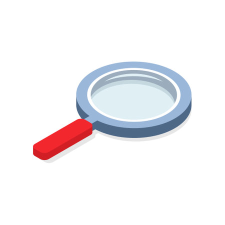 Magnifying glass in isometric style. 3D magnifier search element with red handle. Loupe icon. Detective symbol. Vector isolated on whiteのイラスト素材