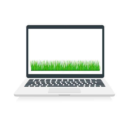 Laptop with green grass on white screen. Modern computer device with copy space. Vector isolated on white.のイラスト素材