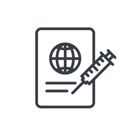 Vaccination passport line icon. Document with syringe outline symbol for travel in time pandemic. Vector isolated on whiteのイラスト素材