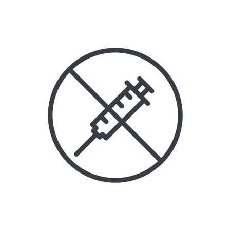 Syringe prohibition icon. No drugs symbol. Vaccination forbidden. No injection line sign. Vector isolated on whiteのイラスト素材
