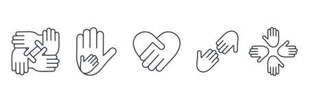 Friendship arms line symbols collection. Business teamwork pictogram. Black outline hands together set. Global unity concept. Vector illustration isolated on white backgroundのイラスト素材