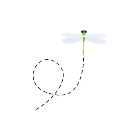 Cute dragonflies with dotted line route. Green dragonfly fling. Vector illustration isolated on whiteのイラスト素材