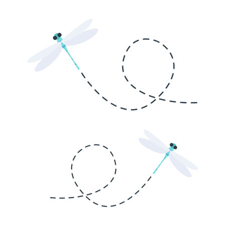 Cute dragonflies with dotted line route. Green dragonfly fling. Vector illustration isolated on whiteのイラスト素材