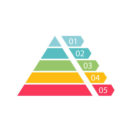Triangle data segments. Pyramid infographic template with 5 colorful levels. Color hierarchy layout with five charts for banner, presentation and report. Vector business illustration isolated on whiteのイラスト素材