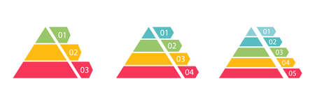 Pyramid infographic colorful set. Triangle hierarchy data segments collection. Vector business illustration isolated on whiteのイラスト素材