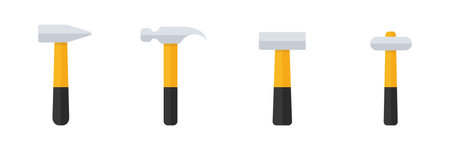 Hammer icon set. Black and yellow hummer collection in flat style. Work repair tool group. Vector illustration isolated on white.のイラスト素材