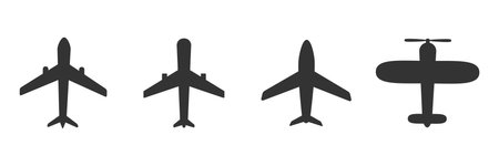 Airplanes icon set. Black plane silhouette collection. Travel symbol. Vector illustration isolated on white.のイラスト素材